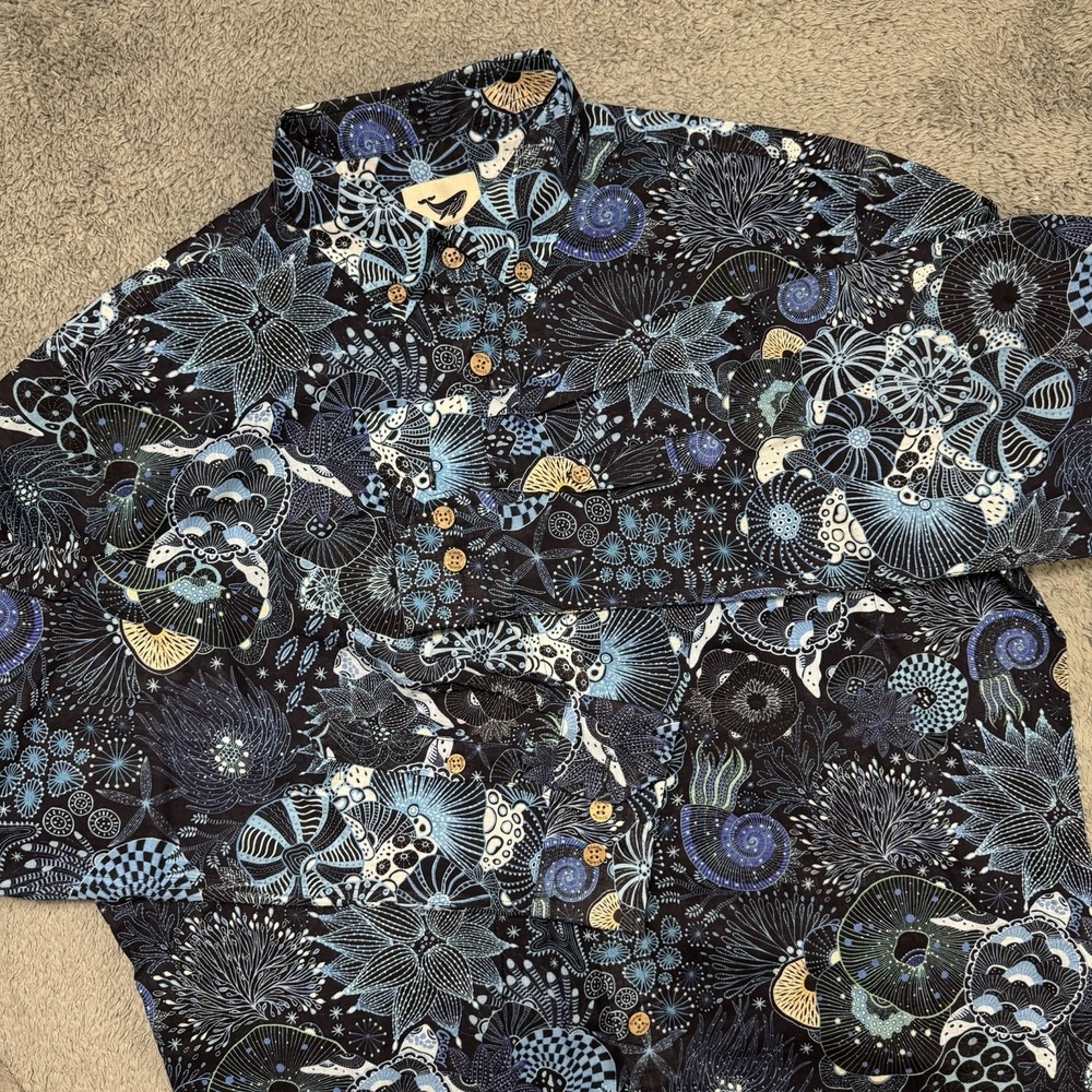Yiume Shirt Mens L Reef Rules Turtles Coral Ocean Reef Print Short Sleeve Button